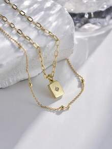 Set de 2 collares con colgante geométrico rectangular dorado con microincrustraciones de circonita y estallido de estrella, con cadena de cuentas y cadena de clip de papel para mujeres (cantidad aleatoria de cierres de cadena) (cantidad aleatoria de cuentas) - Amarillo Oro - Ver 4