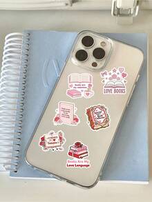 52张爱书人士贴纸，粉色叠书和可爱幽灵猫贴纸，精美文具贴纸，适用于日记本、手机壳，是送给爱书人士的理想礼物。 - 粉紅色閱讀 - 查看 5