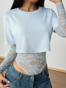 1pc Solid Color Knit Fabric 2 In 1 Lace Patchwork Sheer Bodysuit, Sexy For Singles Party & Date - Baby Blue - View 1