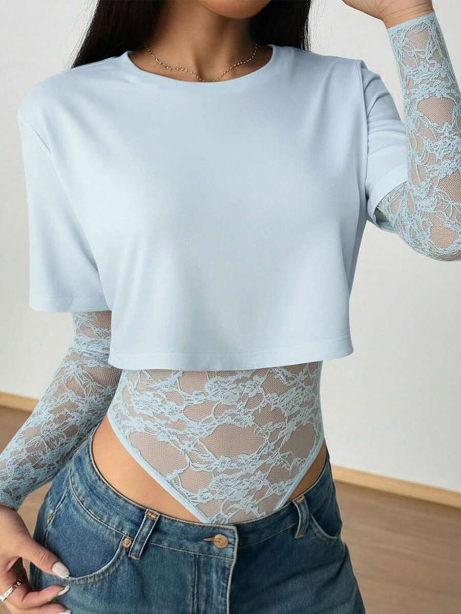 1pc Solid Color Knit Fabric 2 In 1 Lace Patchwork Sheer Bodysuit, Sexy For Singles Party & Date - Baby Blue - View 1