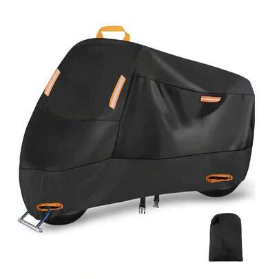 这款一体式黑色自行车/摩托车罩配有钥匙孔和储物袋，以及反光安全带和夜间使用的松紧带。可容纳 1-3 辆自行车。采用厚实耐用的牛津布制成，具有防水、防晒、防尘、防风和防紫外线功能。适用于重型公路自行车、山地自行车、全地形车、电动自行车、摩托车和 BMX 自行车。