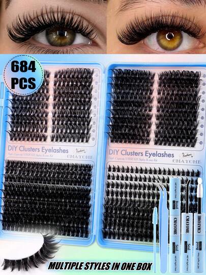 684pcs D Curl Individual Eyelashes High Capacity Fake Lashes Extensions Kit DIY At Home, Beginner Friendly, Soft And Natural Look Fake Eyelash With Bond And Seal, Tweezers,Mascara Wands For Wedding,Party,Date,Suitable For Travel, Daily Wear For Beginners, Weddings, Dates, Parties, Festivals, Very Suitable For Gift Eyelash Bundles