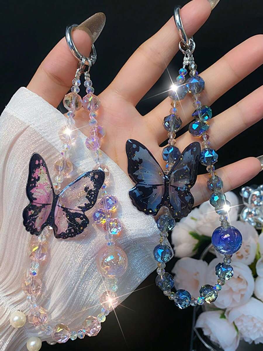 水晶蝴蝶串珠手机挂饰，【防摔】可拆卸时尚水晶手链挂绳，适用于手机、包包、钥匙扣、相机，可用作吊坠装饰，兼容安卓及大多数智能手机，送给母亲、家人、朋友、孩子、生日、节日的礼物，手机链 - 彩色 - 查看 1