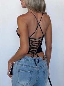 Women's Y2K Halter Scoop Neck Crop Tank Tops Tie Back Sleeveless Summer Cami Tops - màu đen - Xem 1