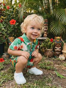 Toddler Baby Boy Hawaiian Outfits Summer Beach Coconut Tree/Palm Leaf Button Down Shirt And Shorts Vacation Clothes - 綠色 - 查看 3