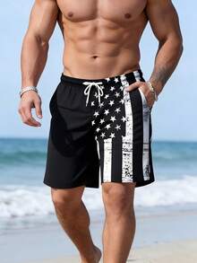 Men's Quick-Dry Flag Print Elastic Waist Drawstring Casual Shorts, Suitable For Summer Vacation, Beach, Pool, Outdoor Sports, Daily Wear, 4th Of July, Recommend Sizing Up For Loose Fit - Black and White - View 4