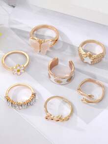 1 Set de Anillos con Efecto Gota de Aceite Rosa Estilo INS, Anillo de Estrella de Cinco Puntas Dulce, Anillos con Mariposa y Margarita Abrazando Letras - Multicolor - Ver 9