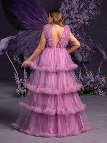 Faeriesty Gaun Pesta Maxi Tanpa Lengan Leher V Ukuran Plus Elegan untuk Ibu Hamil, Desain Berkerut Menambah Pesona Feminin (Lapisan yang Indah), Cocok untuk Pernikahan Musim Semi, Perayaan Hari Ibu - Purple - View 3
