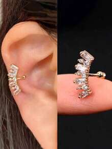 一对优雅时尚的18K镀金闪亮立方氧化锆樱花几何银色耳夹耳环，女士无耳洞星形花朵耳夹耳环，假耳骨耳环，婚礼派对日常首饰，可调节 - 金色 - 查看 3