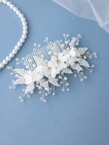 1件白色串珠花朵优雅女士发梳，新娘婚礼头饰 - 彩色 - 查看 4