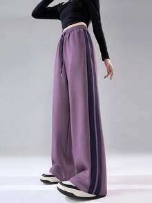 JUTU 3-Pack Women's Spring/Autumn Elastic Waist Drawstring Straight Leg Sweatpants With Side Stripe, Loose Comfortable Fit, Purple, Heather Grey, White - 1A55 Purple + Gray + White - View 5