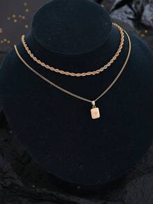 2pcs Copper Personalized Twisted Double-Layer Rectangular Copper Micro-Inlaid Zirconia Stone Men's Pendant Necklace (No Gift Box) - Yellow Gold - View 4