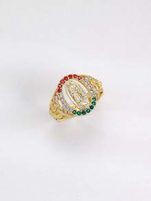 1枚优雅圣母玛利亚戒指，镀金情侣款，镶嵌立方氧化锆，适合女性日常佩戴 - 金色 - 查看 12