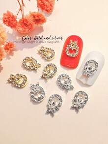 10pcs Gold & Silver Sparkling Alloy Rhinestone Nail Art Decorations, 3D Metal Asymmetrical Shaped Luxury Nail Rhinestones DIY Accessories For Women & Girls Nails Nail Supplies - Multicolor - View 3