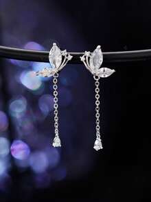 1 Pair S925 Sterling Silver Rhinestone Butterfly Tassel Earrings, Elegant Feminine Woodland Style Sweet Earrings, Versatile For Daily Wear, Lovely Butterfly Earring Gift - Multicolor - View 6