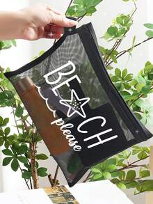 多色防水時尚網格海灘包，印有「Beach Please」彩色圖案、海灘主題、海星與波浪圖案。大容量透明化妝包，尼龍拉鍊盥洗包，輕巧，可裝防曬乳、零食、比基尼和海灘必需品。多色可選 - 彩色 - 查看 3