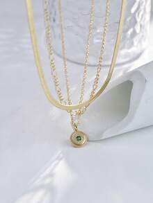 3pcs/Set Stainless Steel Geometric Pendant Necklace Set With Layered Cross Chain, Green Zirconia Inlaid, Suitable For Women Casual & Holiday Wear - Yellow Gold - View 2