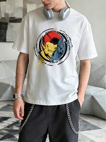 Marvel 男士漫威联名T恤，印有钢铁侠大战反派奥创图案 - 白色 - 查看 1