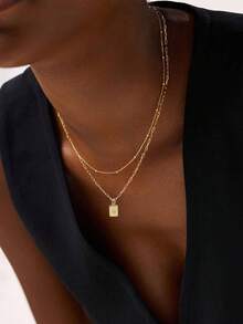 Set de 2 collares con colgante geométrico rectangular dorado con microincrustraciones de circonita y estallido de estrella, con cadena de cuentas y cadena de clip de papel para mujeres (cantidad aleatoria de cierres de cadena) (cantidad aleatoria de cuentas) - Amarillo Oro - Ver 2