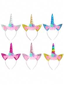 6件套独角兽派对礼品套装，包括独角兽头箍 - 带角头箍的独角兽派对用品，适合生日、万圣节、圣诞节、感恩节派对等场合。 - 彩色 - 查看 6