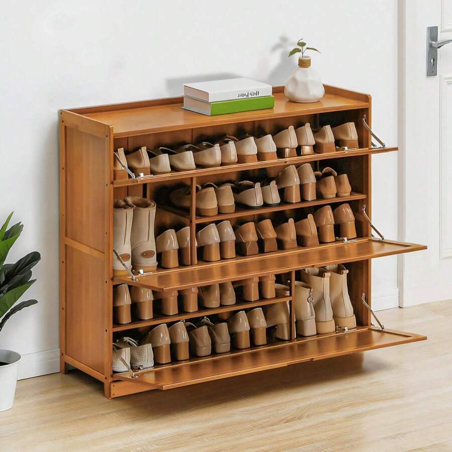 Bamboo 5 Tier Shoe Storage Cabinet With Pull-Down Doors For Heels Sneakers Shoes Rack Organizer For 31-35 Pairs Entryway Hallway Living Room - màu nâu - Xem 1