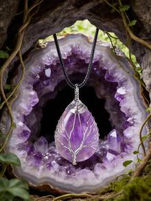 1pc Natural Amethyst Spiritual Tree Of Life Necklace - Hexagon Wrapped Heart Pendant To Enhance Energy; Healing Crystal, Ideal For Men And Women - Purple - View 19