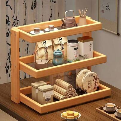 Tabletop Tea Cup Holder Rack, Small Vintage Style Shelf, Bamboo Chinese Style, Yixing Teapot & Tea Set Display Decor