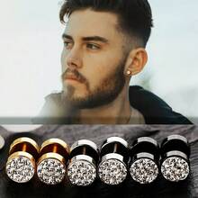 2pcs Fashionable Stainless Steel Inlaid Synthetic Zirconia Round Stud Earrings, Unisex - White - View 9