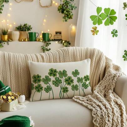 1个圣帕特里克节枕套，12x20英寸，三叶草装饰，家居沙发节日装饰，单面图案，不含枕芯