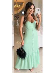 Maria Flor Midi Dress With Thin Straps, Padded Cups, Buttons, And Front Slit. - Mint Green - View 1