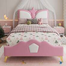 Upholstered Bed, Single Bed, Children's Bed, Crown-Shaped Headboard, Shock-Absorbing Soft Foam Headboard And Edge, Playful Colors, PU + Iron + Foam, Pink + White, 90 X 200 Cm - Pink - View 2