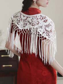 1件套长袍披肩蕾丝流苏新款中国风汉服外套披肩，搭配立领半裙，白色 - 白色 - 查看 7