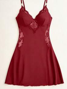 New Sexy Spaghetti Strap Nightgown With Lace Trim, Fashionable Bow Tie Short Nightdress, Suitable For Outdoor Wear - Burgundy - View 7