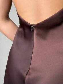 Nuevo vestido corto de mujer de unicolor con cuello halter, sin mangas y ajuste globo - Café - Ver 7