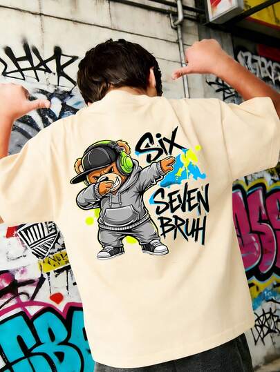 Tween Boy Cartoon Teddy Bear "SIX SEVEN BRUH" Graphic T-Shirt, Suitable For Street, Casual, School, Event Wear, Fashionable Summer Top For Boys