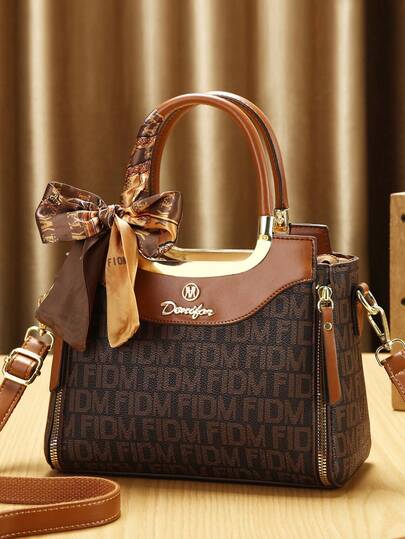 Women'S Fashion Bags Geometric Pattern, Deep Brown Color, Artificial Leather Material, Polyester Lining, Oil Edging For Stylish Women