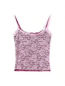 Camisola de encaje sin mangas con tirantes finos para mujer, de verano, a la moda, ajustada - Rosa - Ver 5