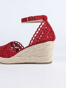 Giày sandal nữ đế xuồng bằng vải lanh, dây thừng, ren, khoét lỗ, mũi tròn, kiểu dáng casual, thoáng khí, gót dày, kiểu sandal ngư dân, đa năng. - Đỏ - Xem 9