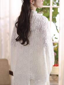 1pc Women Lace Shawl Cardigan, Lightweight Batwing Sleeve Sun Protection Air Conditioning Coat, Suitable For Summer Dresses - Apricot - View 7