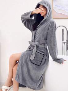 Women's Hooded Bathrobe, Solid Color Coral Fleece Long Robe With Pockets & Belt, Cozy Plush Absorbent Winter Dressing Gown Loungewear, Perfect For Daily Home Wear, Wedding Anniversary Bridal Shower Bachelorette Party, Home Bathroom Hotel Pool Spa Sauna - Gray Appliquéd Bathrobe - View 2