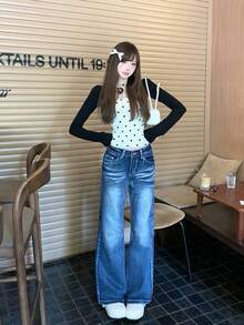 Sexy Polka Dot Print 2 In 1 Long Sleeve Cropped Camisole Knit Top For Women - Black - View 5