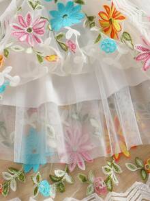 2pcs/Set Girls Lace Patchwork Sleeveless Top And Embroidered Mesh Skirt, Summer Fashion - White - View 6