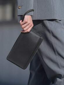 HOVI'S Men's Black Leather Texture Clutch Bag - Detachable Wrist/Handle Strap, Large Capacity For Phone & Cards, Anti-Drop Pull-Out Card Slot, New Year/Valentine's Day Gift - Black - View 6