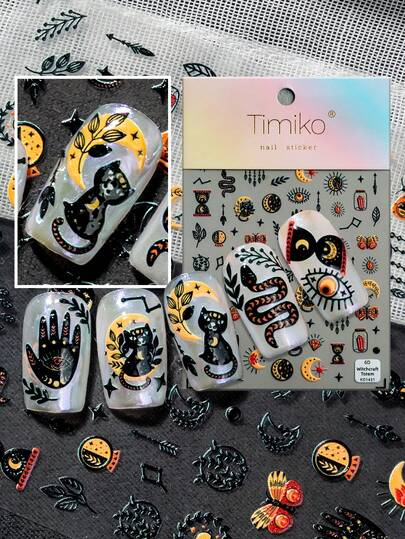 Um Adesivo de Unha de Ritual de Bruxaria Negra Misteriosa, exalando um clima cerimonial vintage, apresentando símbolos ocultos como o Sol, a Lua, o Filtro dos Sonhos, o Olho Mau, a Cobra, as Mãos e os Totens - Perfeito para uso pessoal DIY e em salões de beleza. Unhas, Suprimentos para Unhas