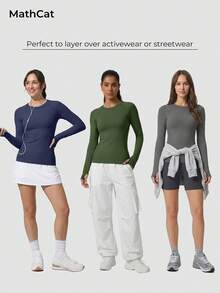 MathCat 3 Pack Women's Compression Shirt Long Sleeve Workout Tops Athletic Baselayer Quick Dry Gym Yoga Running T-Shirt - 海軍藍色#天藍色#灰色藍色 - 查看 8