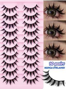 MAANGE 10对动漫猫眼蓬松假睫毛，欧式风格，多包装，可重复使用D型卷翘浓密睫毛，专业化妆，适用于角色扮演和舞台表演，打造戏剧性眼妆，新手也能轻松上手 - 黑色 - 查看 5