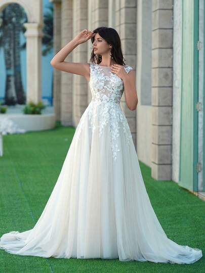 YOUKEFEIER Women's Round Neck Floral Embroidery Mesh Patchwork Wedding Dress, Suitable For Garden Wedding, Beach Wedding