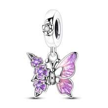 1pc Silver-Plated Delicate Spring Series Pink & Purple Flower & Butterfly Pendant, Suitable For Bracelet, Necklace DIY Jewelry Making, Original Design Gift - Silver - View 1