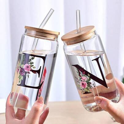 1pc Alphabet Flowers Drinking Glass For Women Birthday Gifts For Women, Friends, Girls - Initial Gifts For Her - 16 Oz Coffee Glass With Bamboo Lid And Straw, Birthday Gifts For Women, Mom