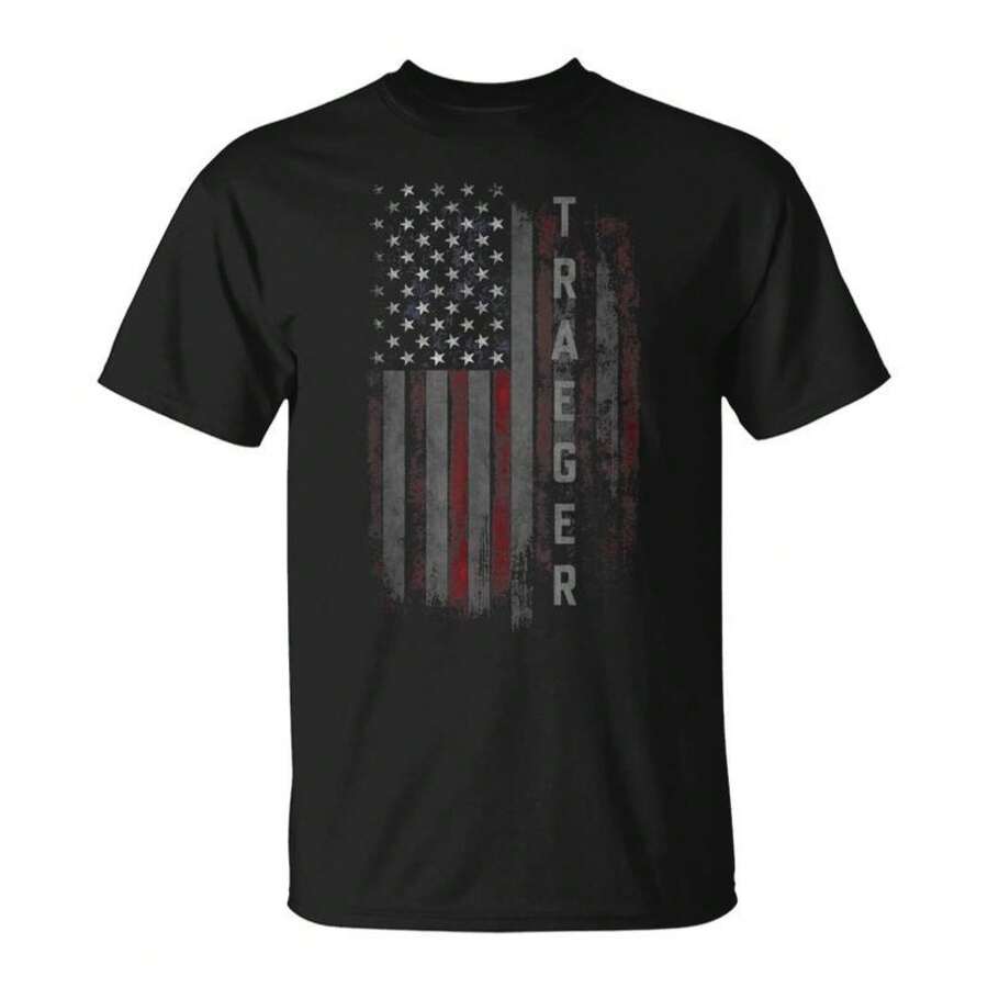 Traeger Family American-Shirt Cotton Black Printed Short Sleeve-Shirt, Vintage Street Style Casual Versatile Top Tee. - Black - View 1